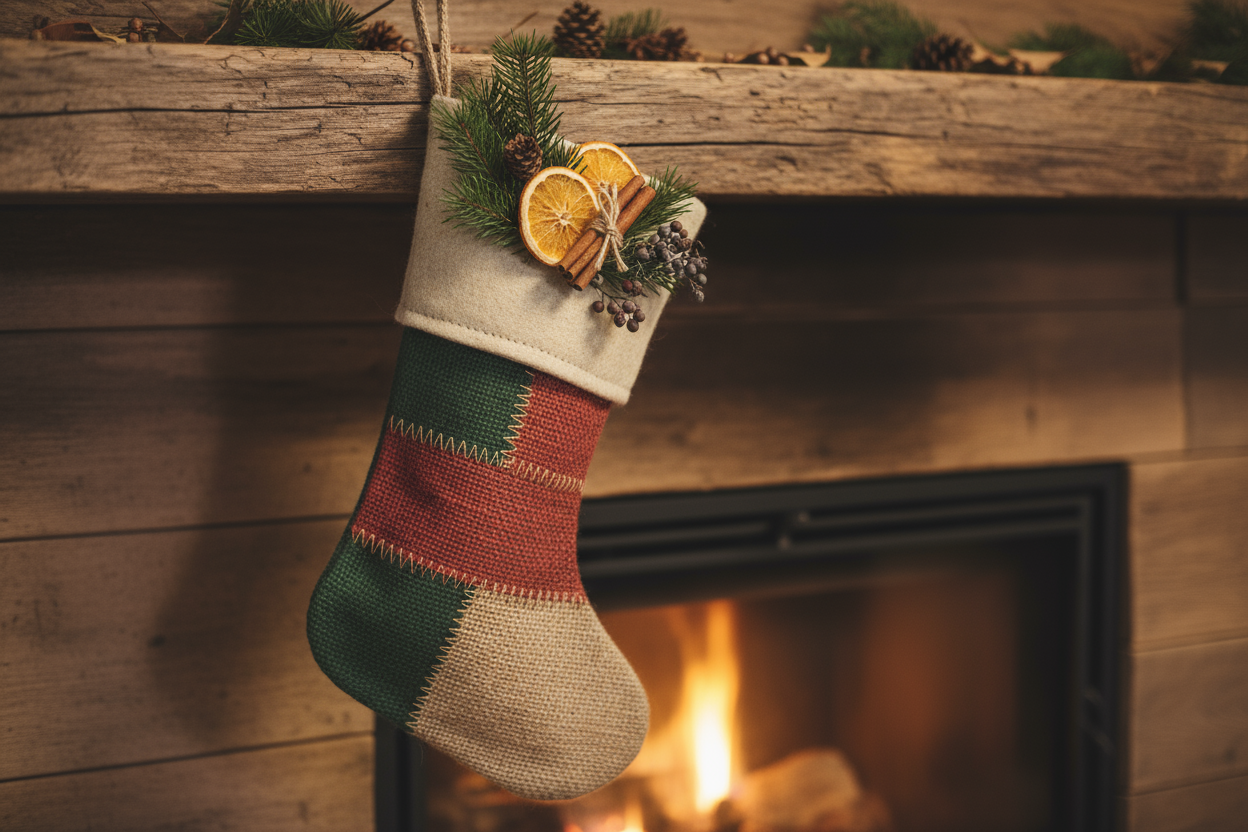 Créer une image de bas de noel avec un cote naturel rustique et joyeux on ne doit pas voir de produits dans le bas de noel